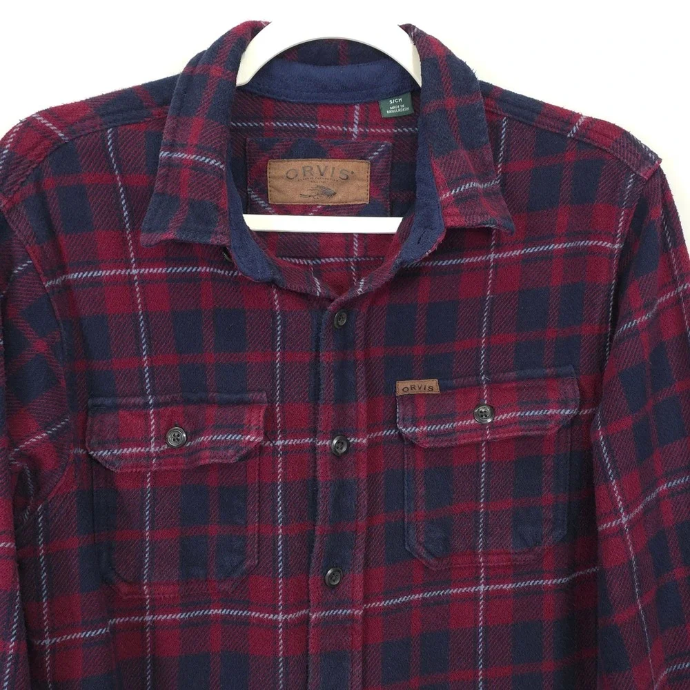 Orvis Men S Red Navy Plaid Flannel Shirt Button Front Soft Warm Casual Outdoors